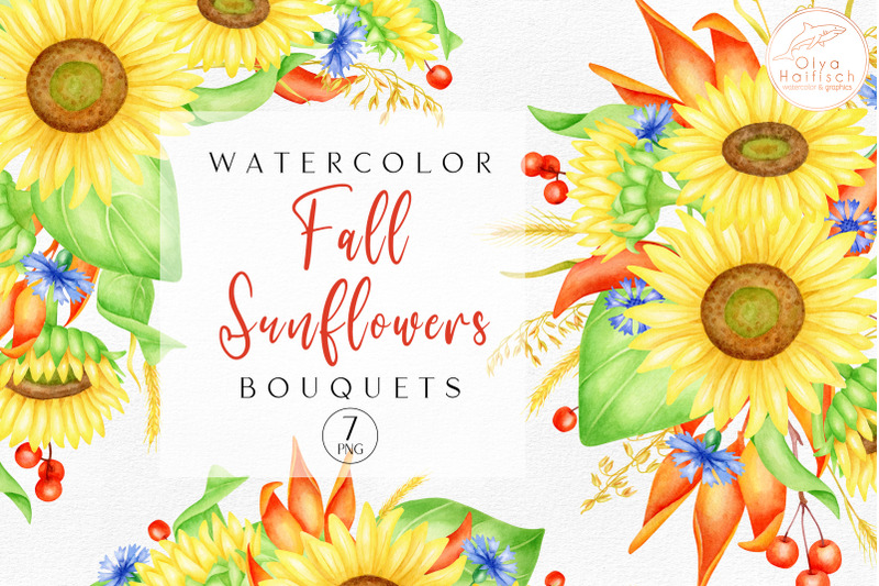 watercolor-sunflower-bouquets-fall-sunflowers-and-cornflowerpng-clipa