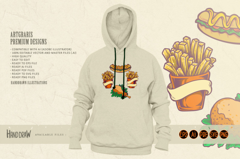 fast-food-hotdog-chicken-french-fries-set-illustrations