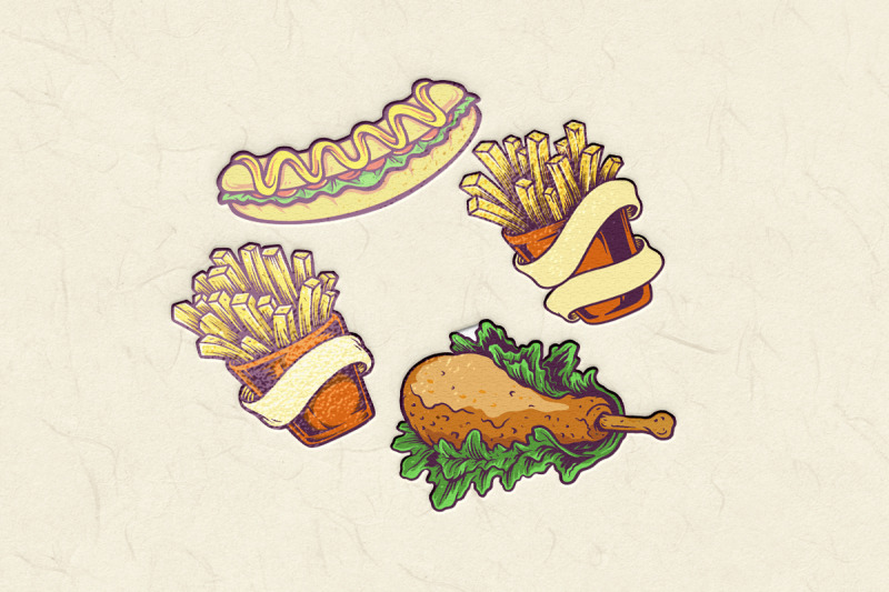 fast-food-hotdog-chicken-french-fries-set-illustrations