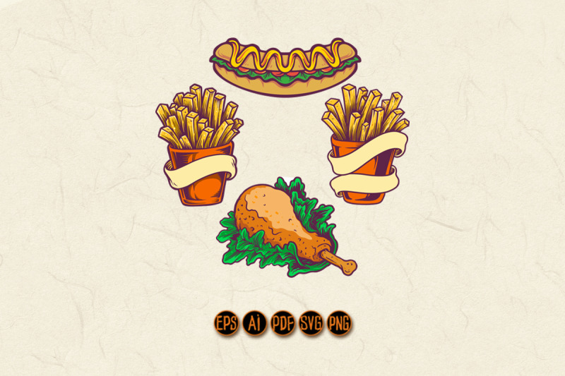 fast-food-hotdog-chicken-french-fries-set-illustrations