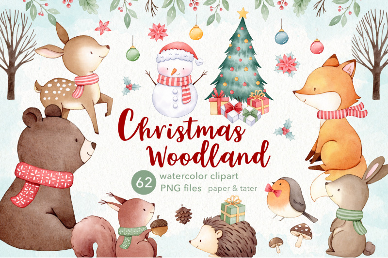 woodland-christmas-watercolor-clipart-cute-xmas-animals-png