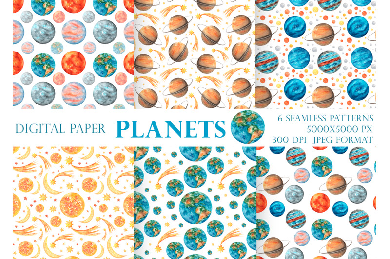 space-watercolor-digital-paper-seamless-pattern-planet-solar-system