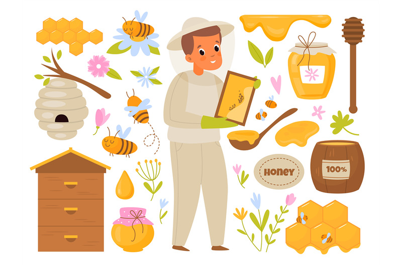 apiary-honey-cartoon-beekeeper-man-takes-care-of-bees-producing-orga