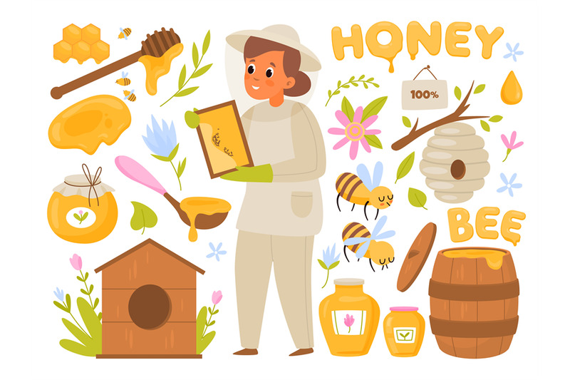 bee-products-organic-honey-healthy-sweets-beekeeper-woman-collects