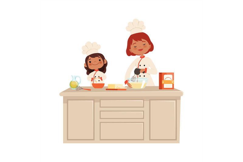 culinary-workshop-woman-and-girl-on-kitchen-kid-in-uniform-professio