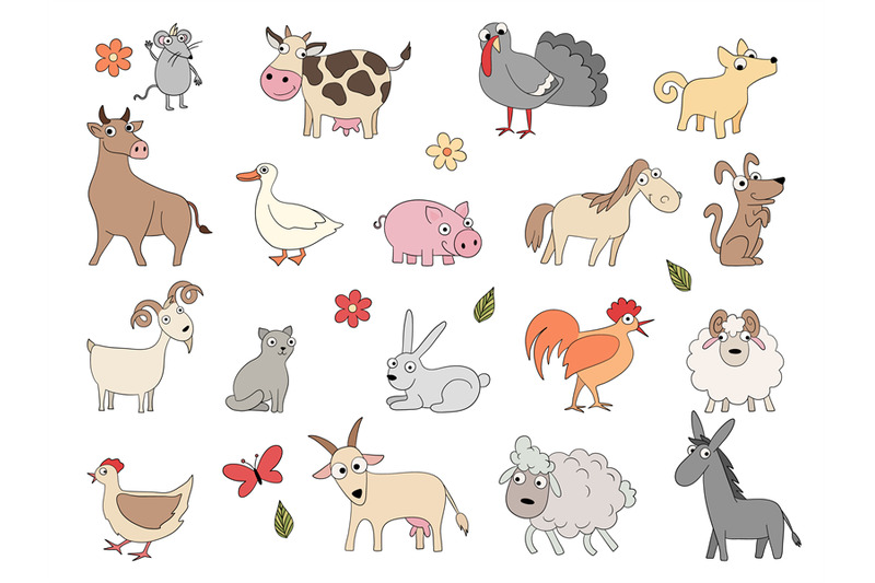 domestic-animals-cute-funny-farm-horse-pig-chicken-duck-bool-and-shee