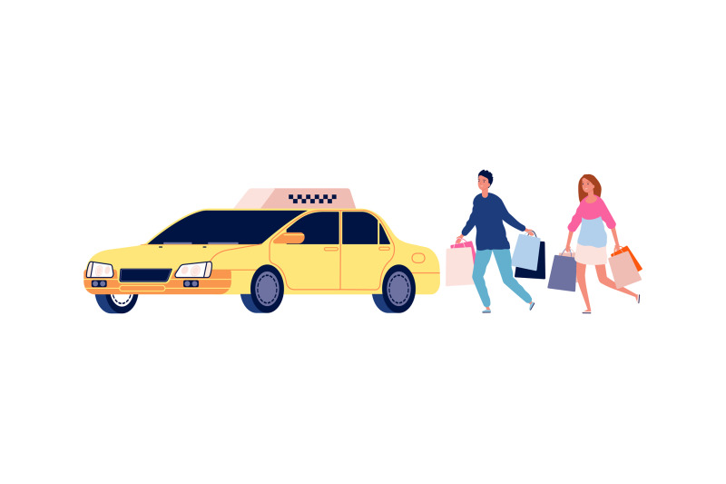 people-get-in-car-taxi-service-and-cartoon-shoppers-characters-flat