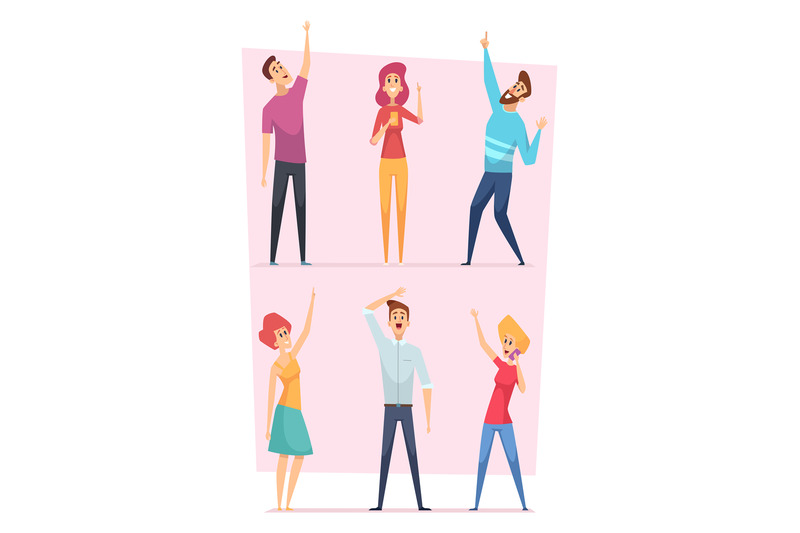 looking-up-people-pointing-in-sky-group-of-happy-characters-vector-il