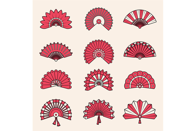 hand-fan-japanese-authentic-symbols-chinese-draw-vector-beauty-shapes