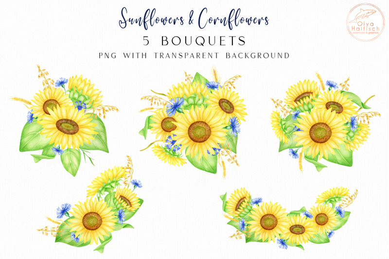 5-watercolor-sunflower-bouquets-with-cornflowers-png-clipart