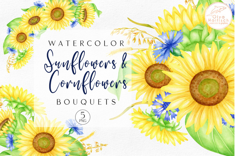 5-watercolor-sunflower-bouquets-with-cornflowers-png-clipart