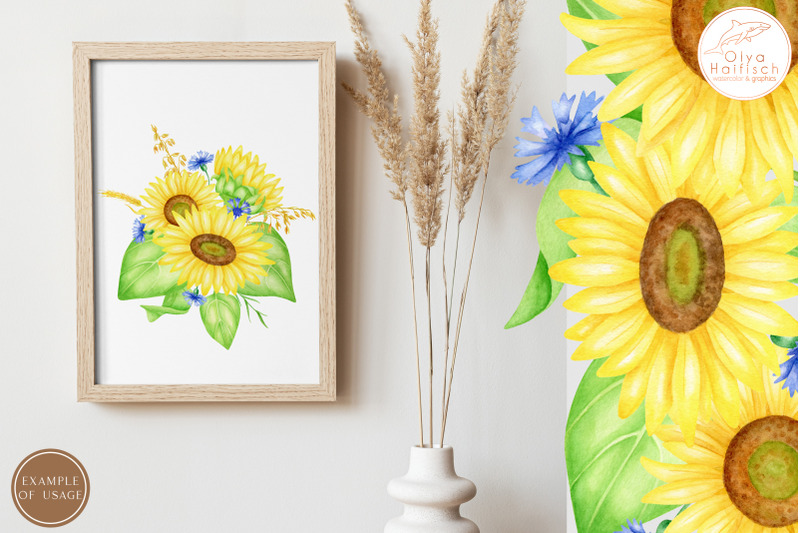 5-watercolor-sunflower-bouquets-with-cornflowers-png-clipart