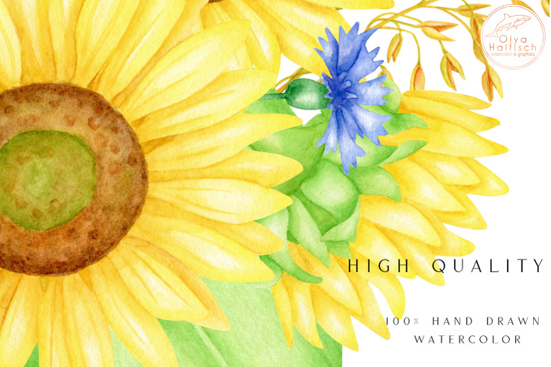 5-watercolor-sunflower-bouquets-with-cornflowers-png-clipart