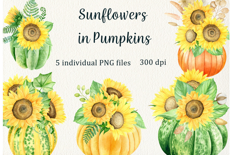 watercolor-sunflowers-in-pumpkins-clipart-fall-thanksgiving-bouquets
