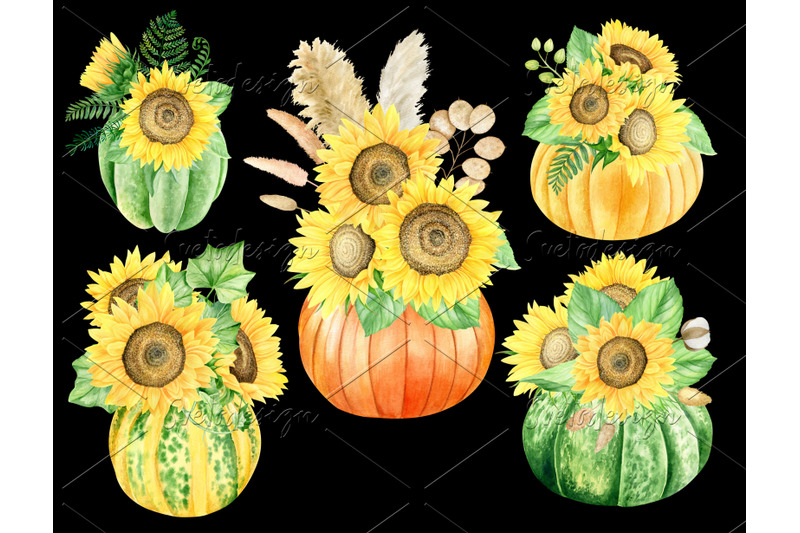 watercolor-sunflowers-in-pumpkins-clipart-fall-thanksgiving-bouquets