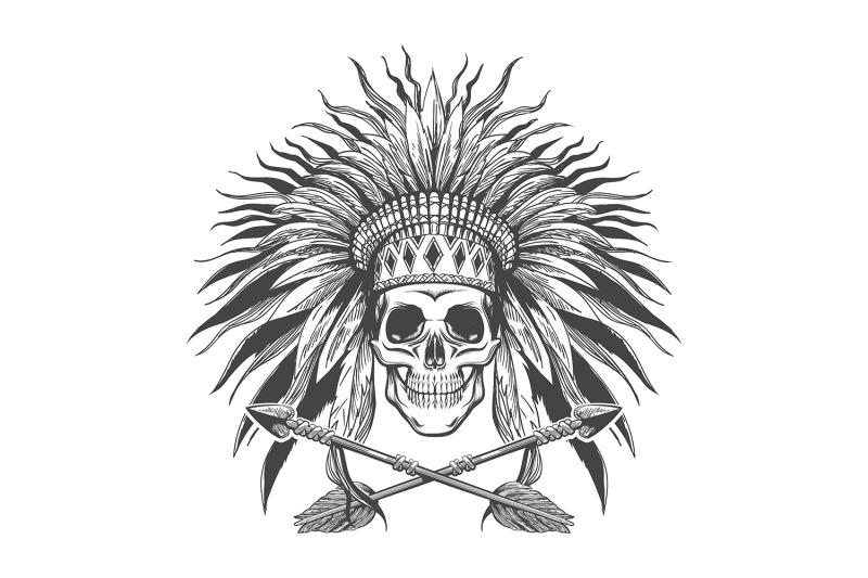 skull-in-indian-war-bonnet-and-arrows-tattoo