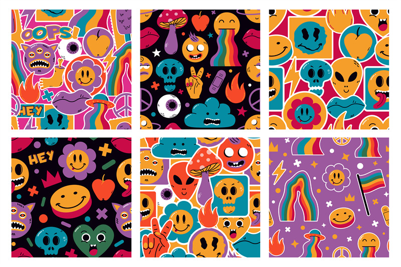 funny-cute-comic-stickers-characters-abstract-seamless-patterns-carto