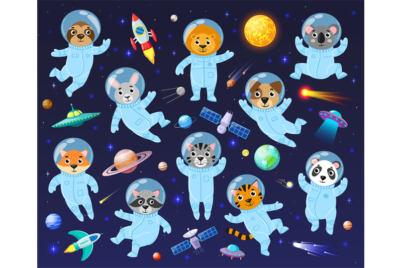 cartoon-space-cosmonaut-animals-cute-animal-astronauts-galaxy-space