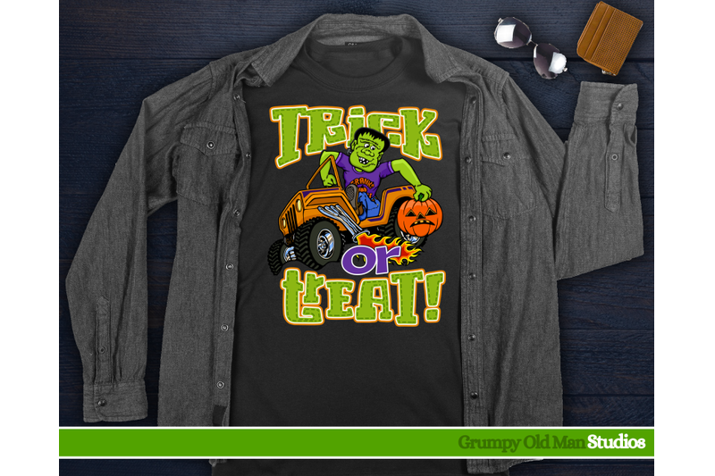 cartoon-frankenstein-driving-a-jeep-trick-or-treat-halloween-mons