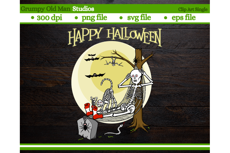 funny-cartoon-skeleton-on-a-hammock-with-scary-critters-happy-hallow