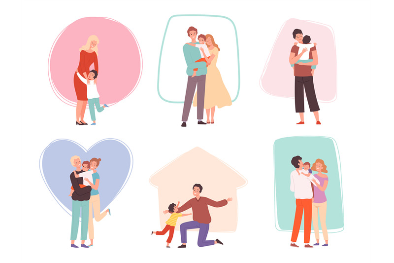 hugging-kids-parents-embrace-their-children-happy-family-characters