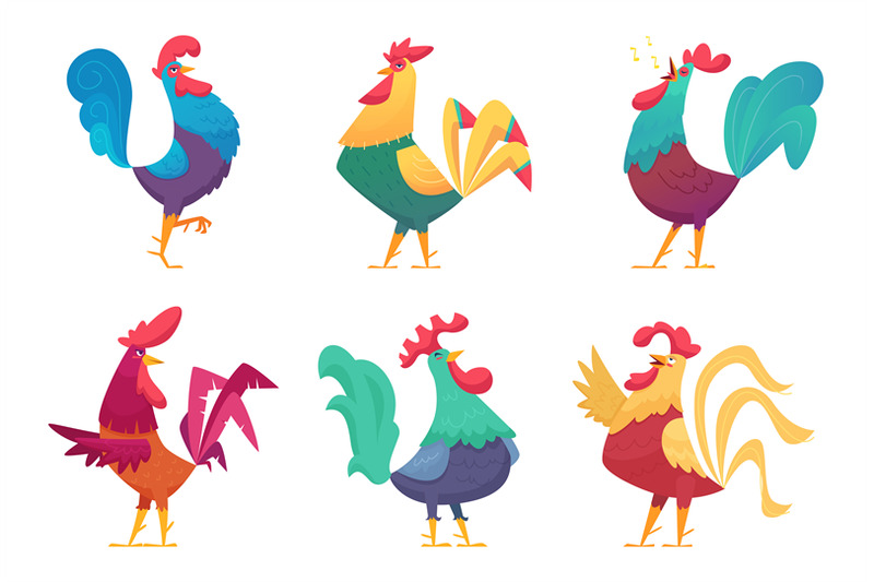 rooster-cartoon-chicken-farm-male-birds-with-colored-feathers-vector