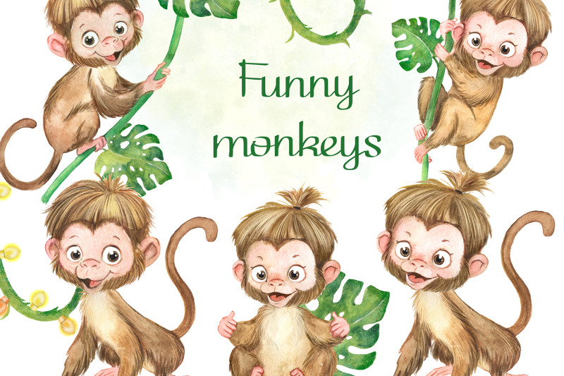 funny-monkeys-watercolor-clipart-jungle-animals-nursery-wall-art