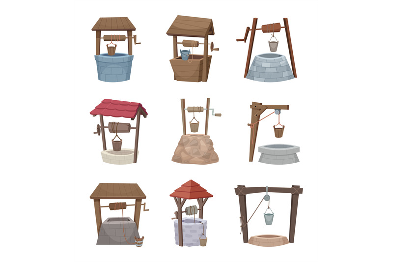 water-well-antique-cartoon-country-wellness-village-wooden-constructi