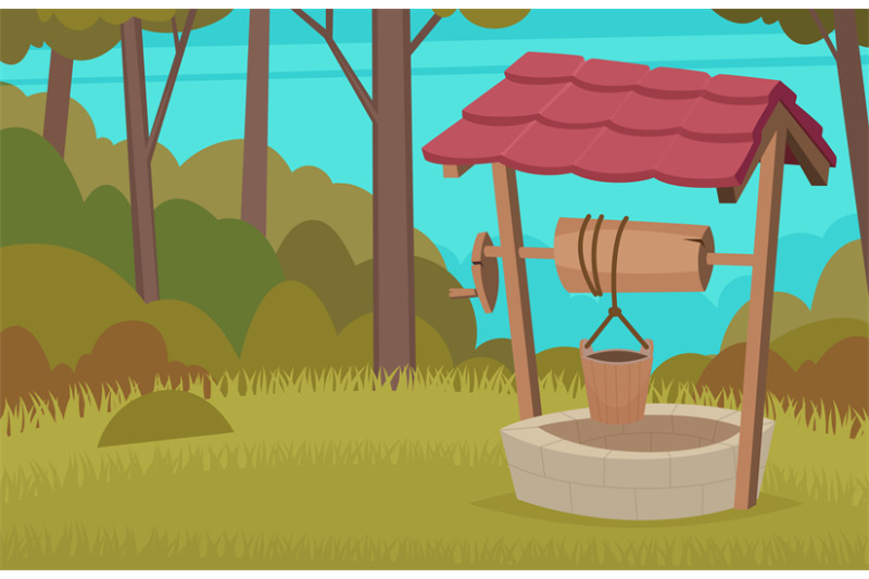 forest-water-well-construction-country-wood-vector-wellness-cartoon-b