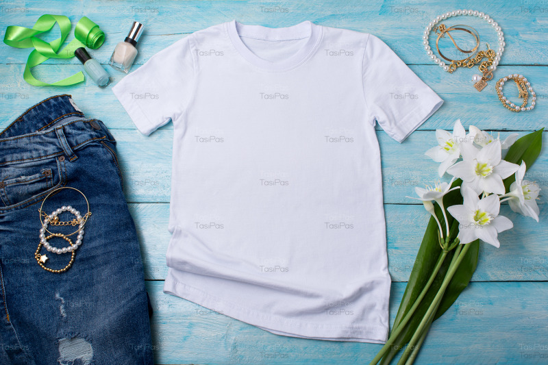 womens-t-shirt-mockup-with-lilies-and-nail-polish