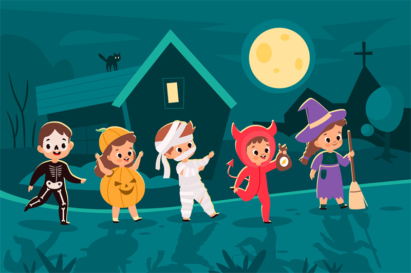 halloween-city-trick-or-treaters-costumed-kids-walking-at-night-holi