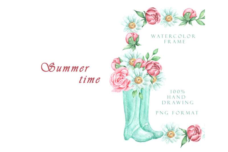 flower-rubber-boot-watercolor-frame-wreath-rose-chamomile-peony