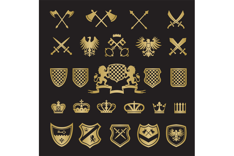 heraldic-badges-medieval-stylized-shapes-swords-shields-crowns-lions