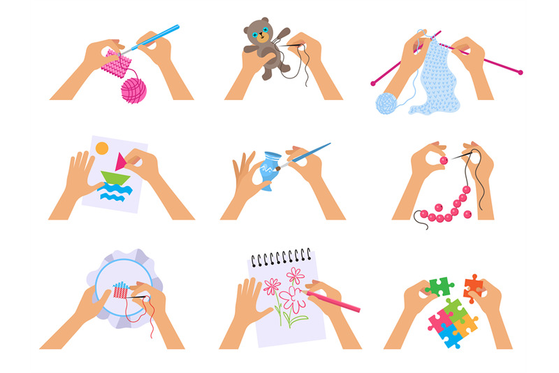 hands-crafting-kids-knitted-drawing-illustrations-with-brush-and-scis