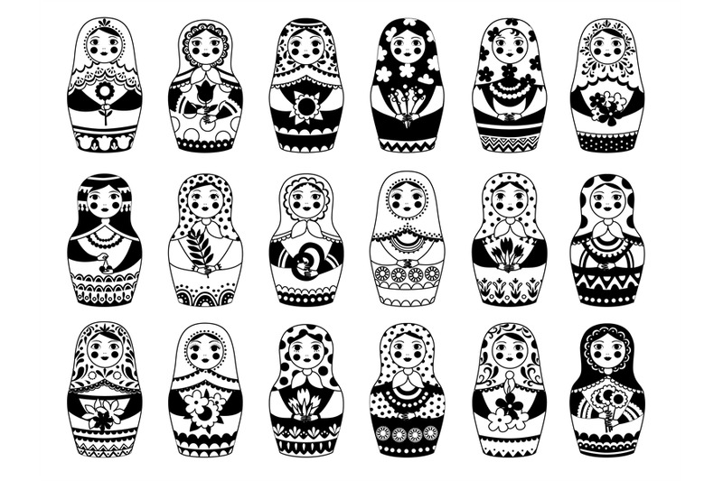 russian-dolls-collection-monochrome-traditional-female-toy-floral-dec