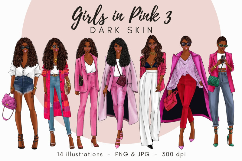 watercolor-fashion-clipart-girls-in-pink-3-dark-skin