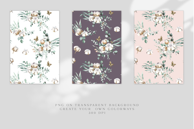 cotton-flowers-watercolor-digital-paper-eucalyptus-seamless-pattern