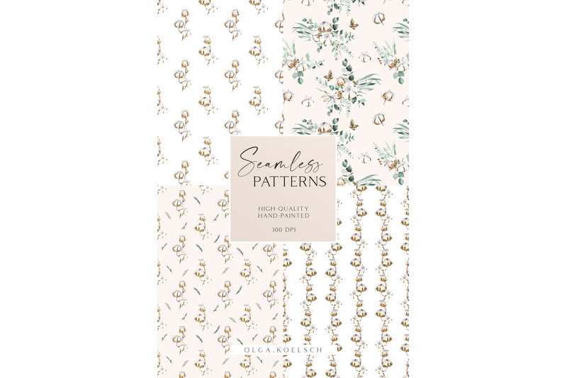 cotton-flowers-watercolor-digital-paper-eucalyptus-seamless-pattern