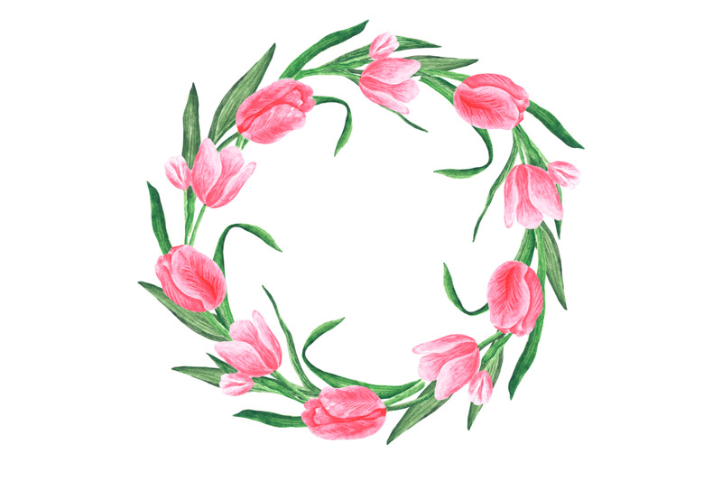 tulips-watercolor-wreath-frame-flowers-flora-pink-green-colors
