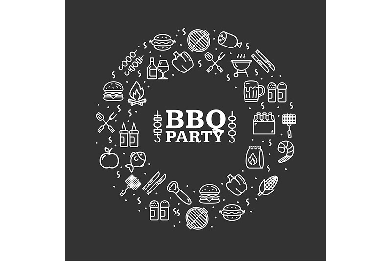 bbq-party-round-design-template-thin-line-icon-banner-vector