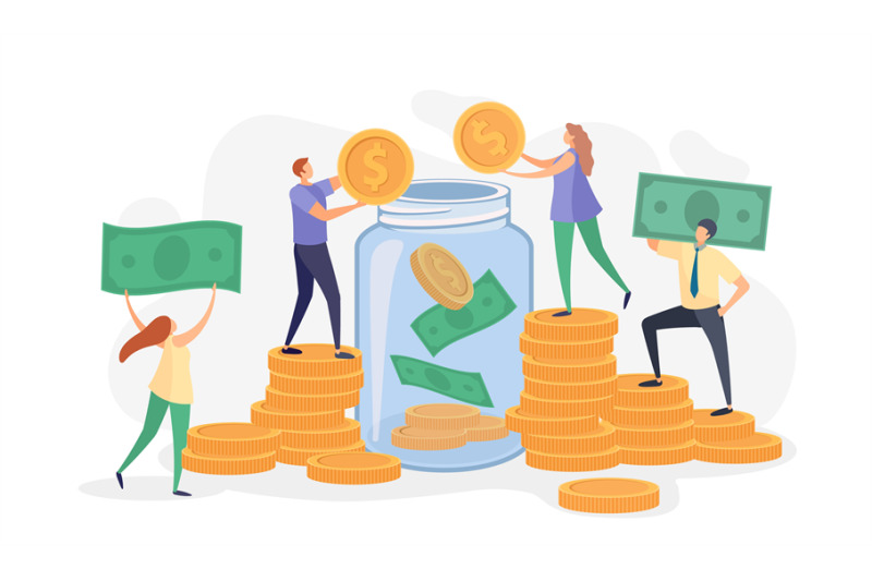 flat-people-throwing-money-bills-and-coins-into-glass-jar-characters