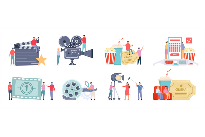 flat-tiny-characters-recording-making-and-watching-movies-film-direc