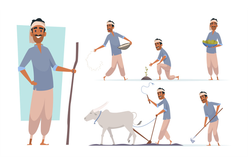 indian-farmer-india-village-cheering-characters-working-with-cow-harv