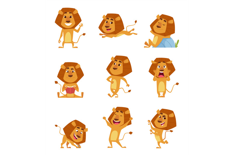 wild-lion-cartoon-cute-african-big-lions-mascot-in-various-poses-walk