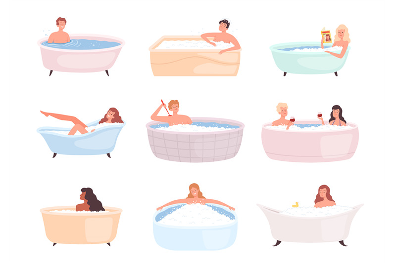 bathtub-characters-people-taking-bath-water-relax-therapy-in-foam-hap