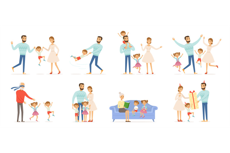 family-characters-happy-kids-with-parents-in-action-poses-father-chil