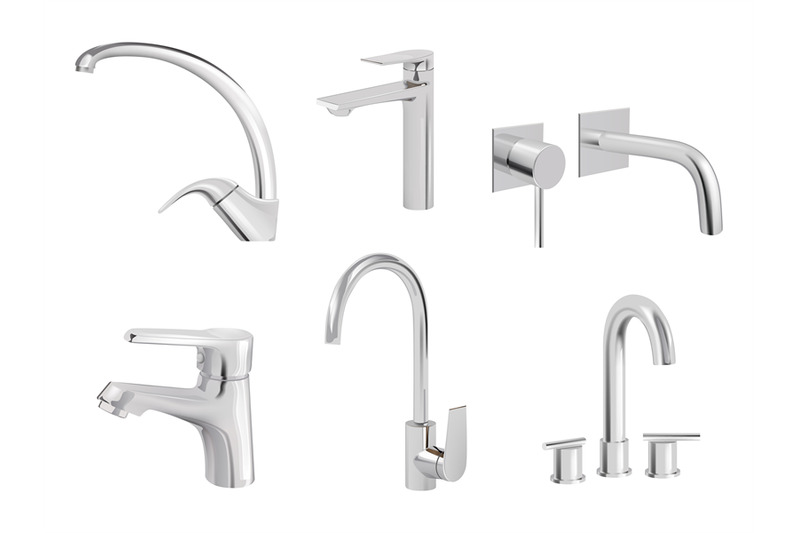 water-chrome-tap-kitchen-tools-plumbing-accessories-vector-realistic