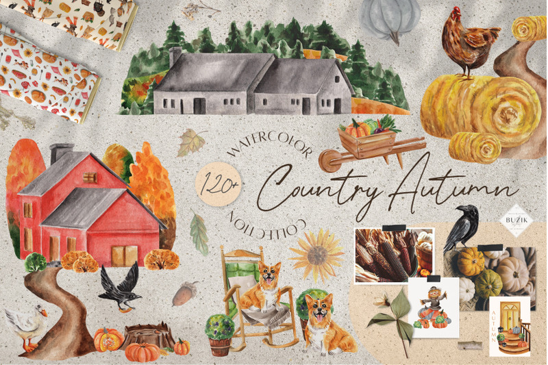 country-autumn-watercolor-harvest-pumpkins-digital-papers
