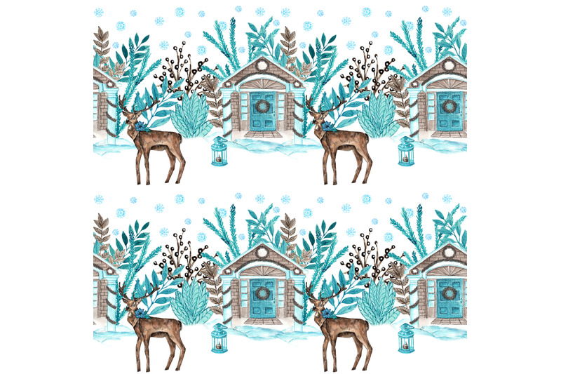 winter-watercolor-seamless-pattern-snowy-house-deer-flora-lantern