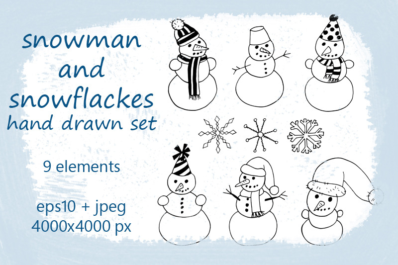 snowman-and-snowflackes-hand-drawn-set
